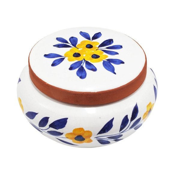 VTG Hand Painted Redware Round Trinket Box Portugal White Blue Yellow Signed - Picture 2 of 5